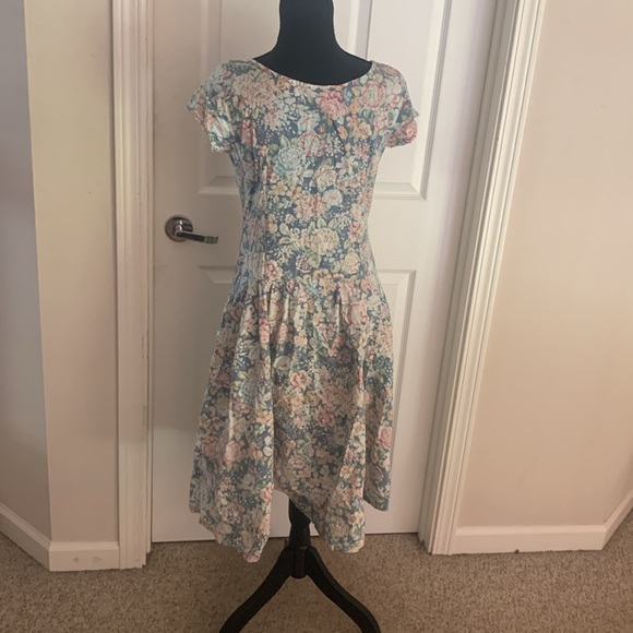 Vtg 80s 90s Alison J pastel button up front floral calico boho v waist dress S-m - Picture 4 of 5